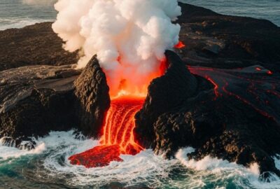 Newly formed volcanic island rising from Pacific Ocean with lava and steam clouds