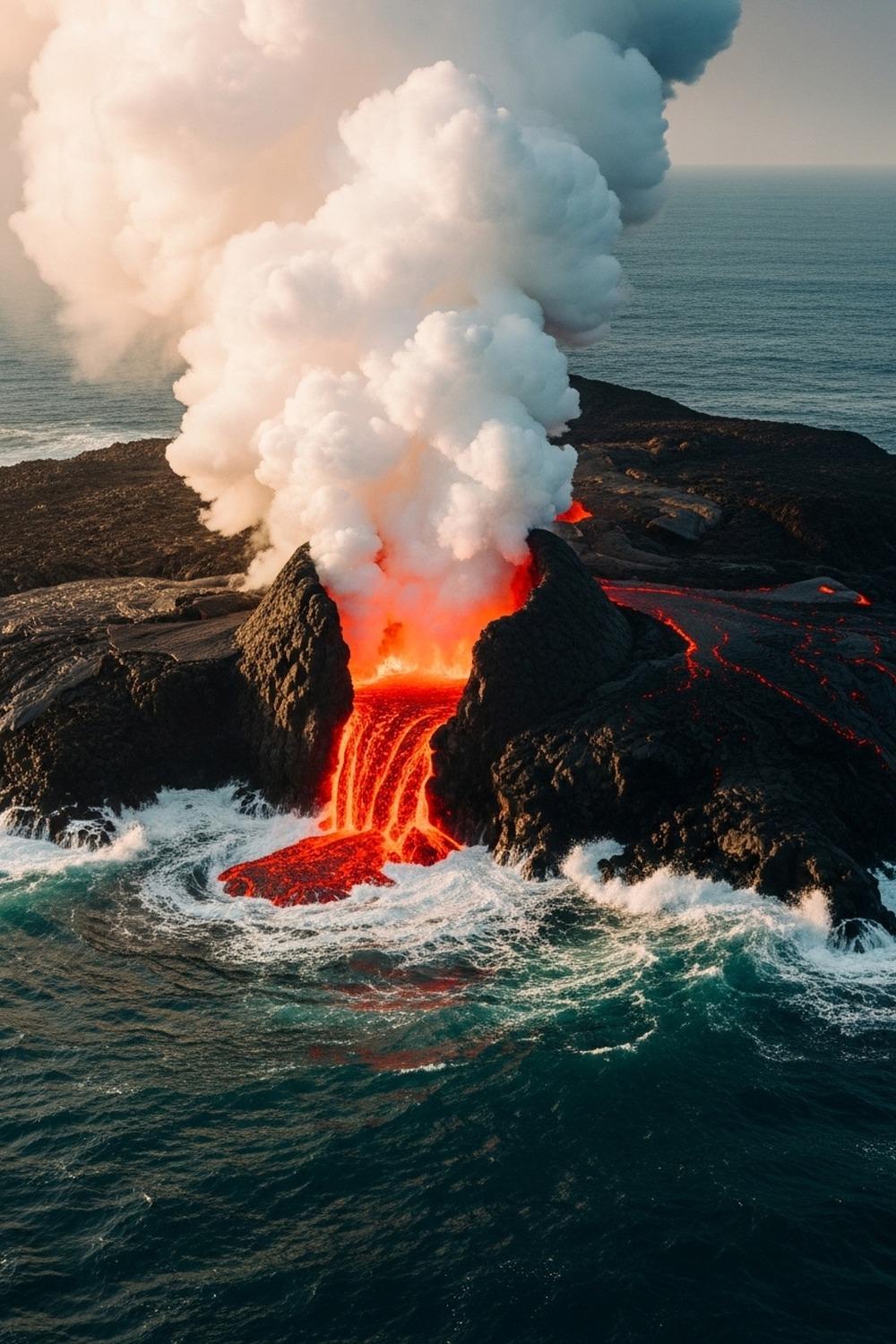 Newly formed volcanic island rising from Pacific Ocean with lava and steam clouds