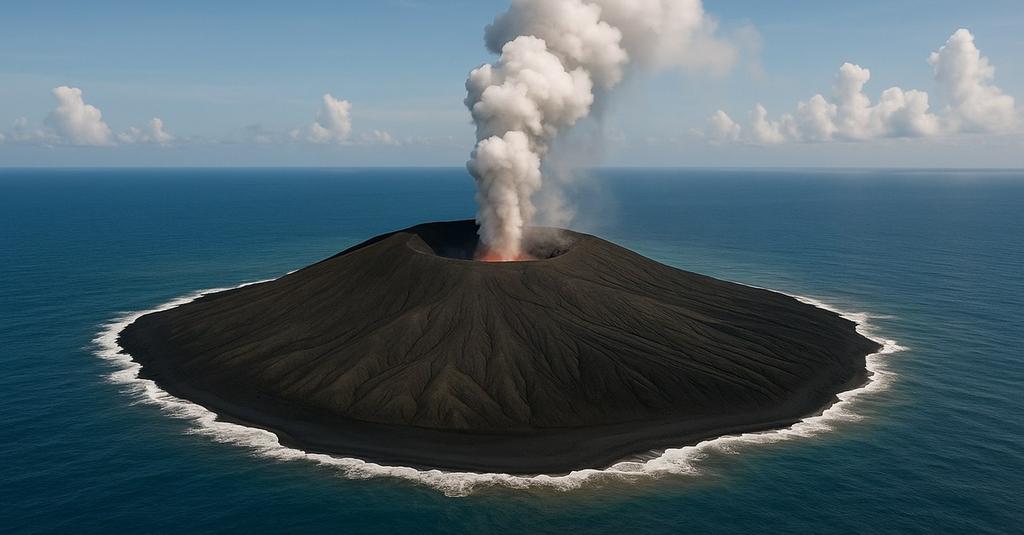 Aerial view of Home Reef eruption sending ash plume over turquoise ocean waters