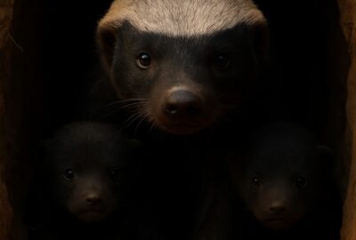 Adult honey badger and two dark cubs peering cautiously from a sandy underground burrow