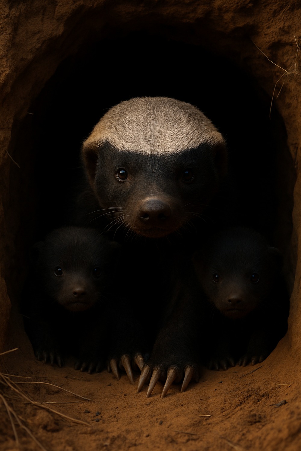Adult honey badger and two dark cubs peering cautiously from a sandy underground burrow