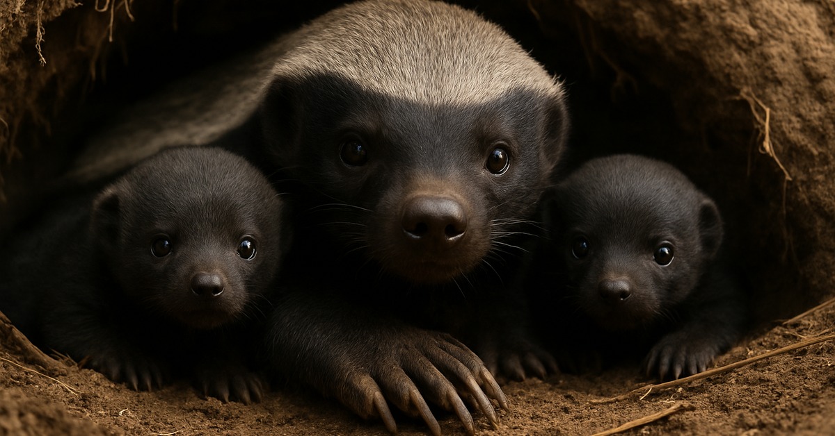 Ground-level side view of honey badger cubs inside a deep earthen burrow tunnel