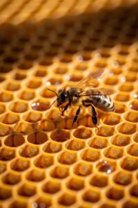Close-up of a honeybee performing the waggle dance on a golden honeycomb
