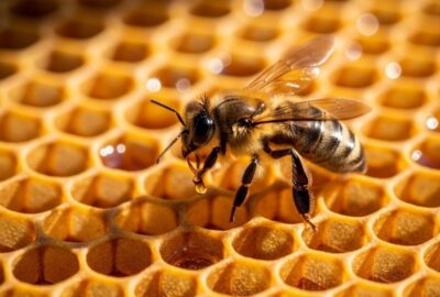 Close-up of a honeybee performing the waggle dance on a golden honeycomb