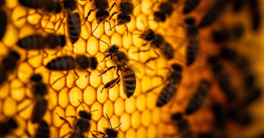 Swarm of honeybees clustered on honeycomb inside a dark wooden hive