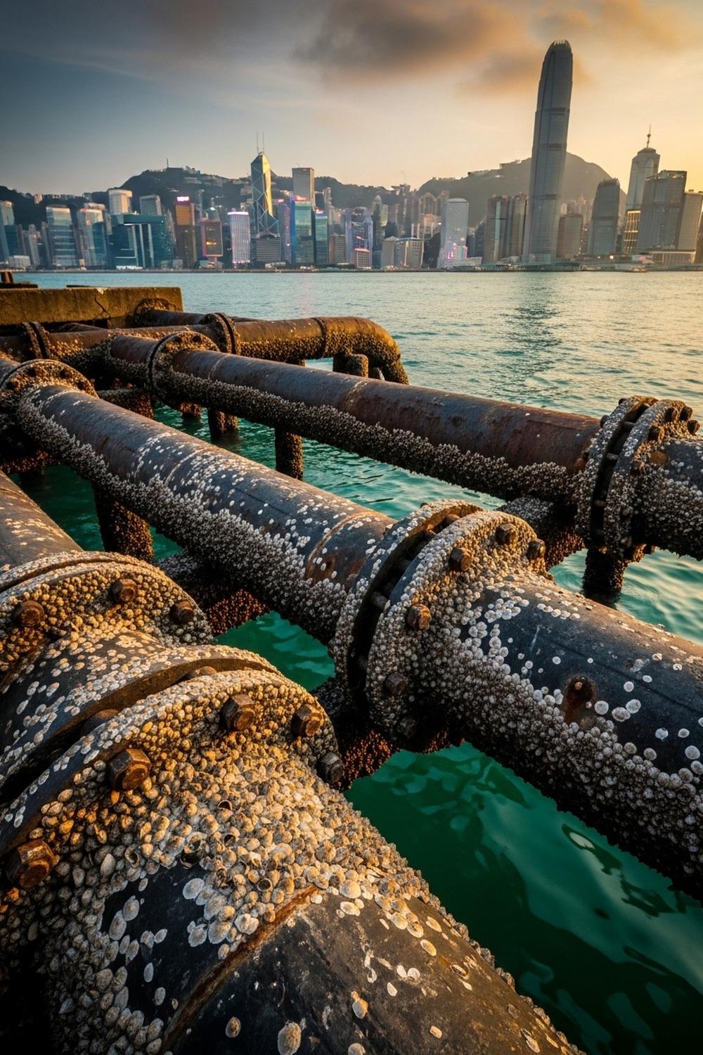 Aerial view of Hong Kong harbour with urban water infrastructure pipes visible below