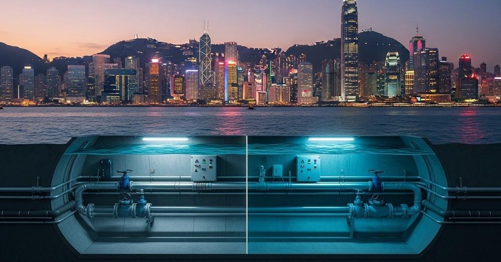 Close-up of seawater intake pipes submerged in Victoria Harbour Hong Kong at dusk