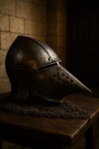 Medieval hounskull bascinet helmet with chainmail aventail resting on dark walnut table in castle interior