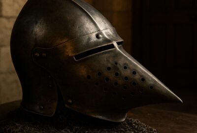Medieval hounskull bascinet helmet with chainmail aventail resting on dark walnut table in castle interior