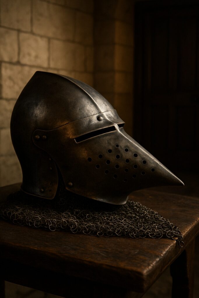 Medieval hounskull bascinet helmet with chainmail aventail resting on dark walnut table in castle interior