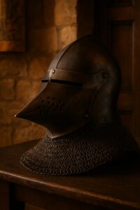 Antique pig-faced hounskull bascinet helmet with chainmail aventail on wooden table