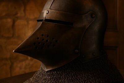 Antique pig-faced hounskull bascinet helmet with chainmail aventail on wooden table