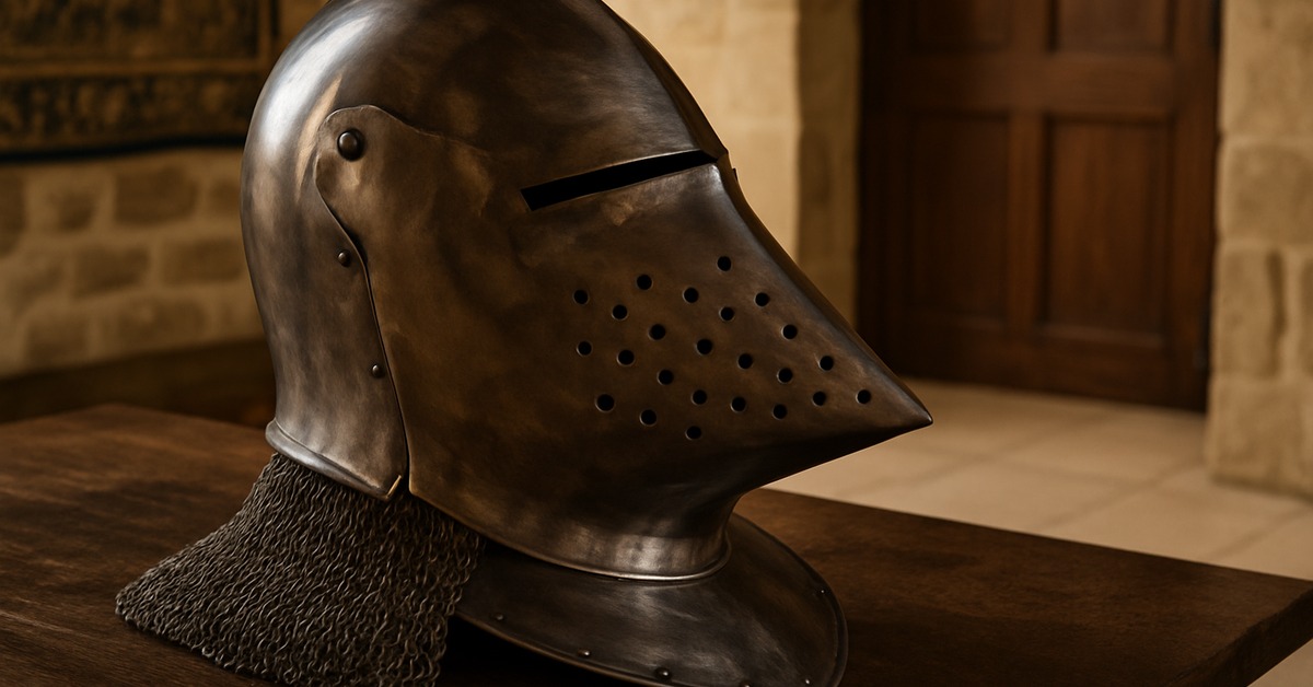 Close-up of perforated visor breathing holes on a medieval bascinet helmet