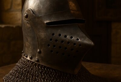 Aged steel hounskull bascinet helmet with chain mail aventail on a dark wooden table in castle interior