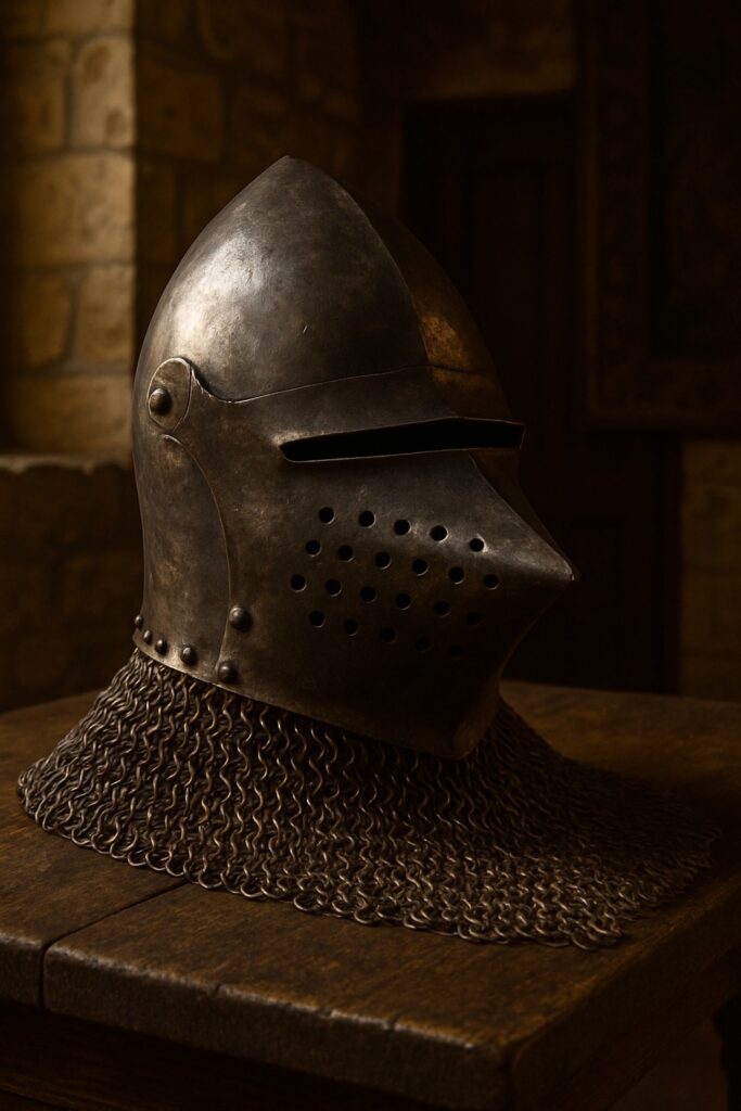 Aged steel hounskull bascinet helmet with chain mail aventail on a dark wooden table in castle interior
