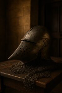 Medieval hounskull bascinet helmet with chainmail aventail resting on a dark wooden table in a stone-walled room