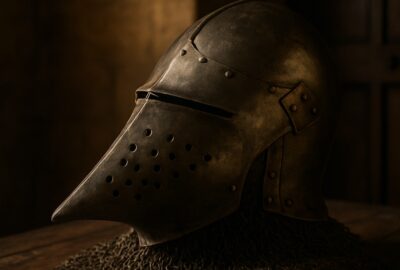 Medieval hounskull bascinet helmet with chainmail aventail resting on a dark wooden table in a stone-walled room