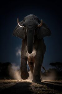 Massive African elephant walking silently across dark savanna at night under stars