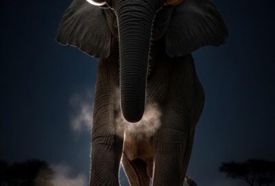 Massive African elephant walking silently across dark savanna at night under stars