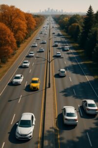 Aerial view of busy autumn highway with warm golden foliage and city skyline ahead