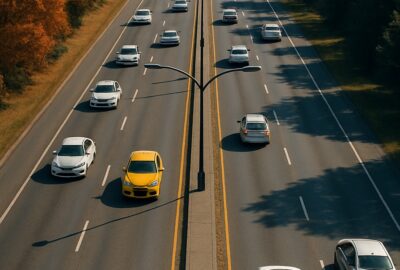 Aerial view of busy autumn highway with warm golden foliage and city skyline ahead