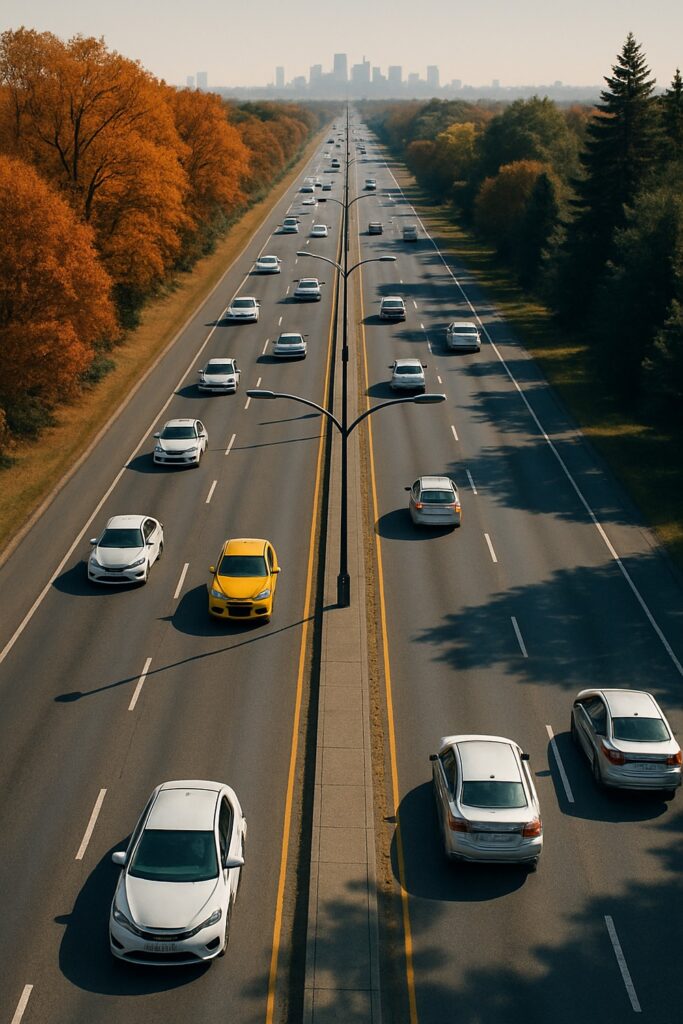 Aerial view of busy autumn highway with warm golden foliage and city skyline ahead