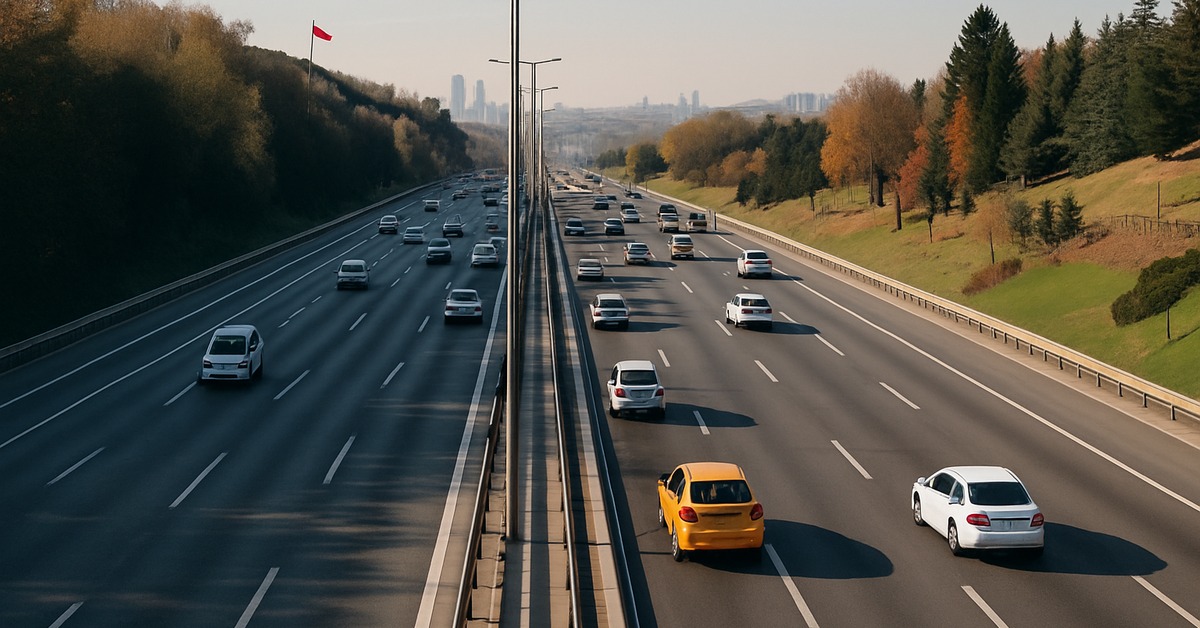 Ground-level perspective of multi-lane highway at midday with long vehicle shadows