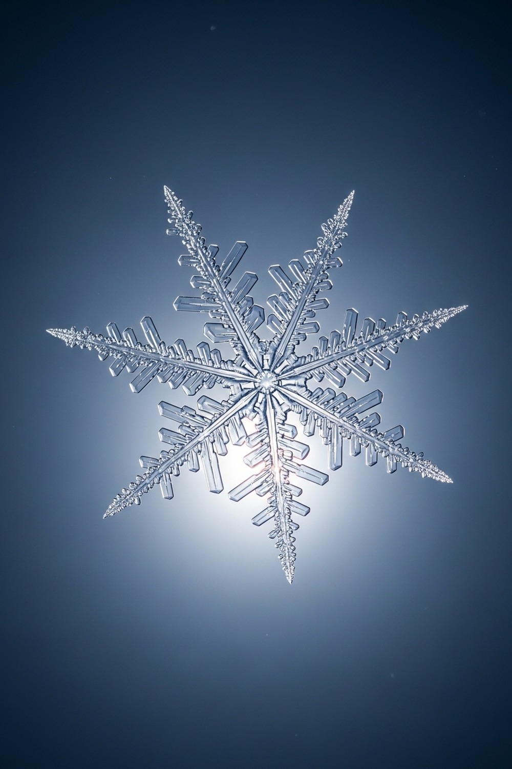 Extreme close-up of a single six-armed snowflake crystal against a dark winter sky