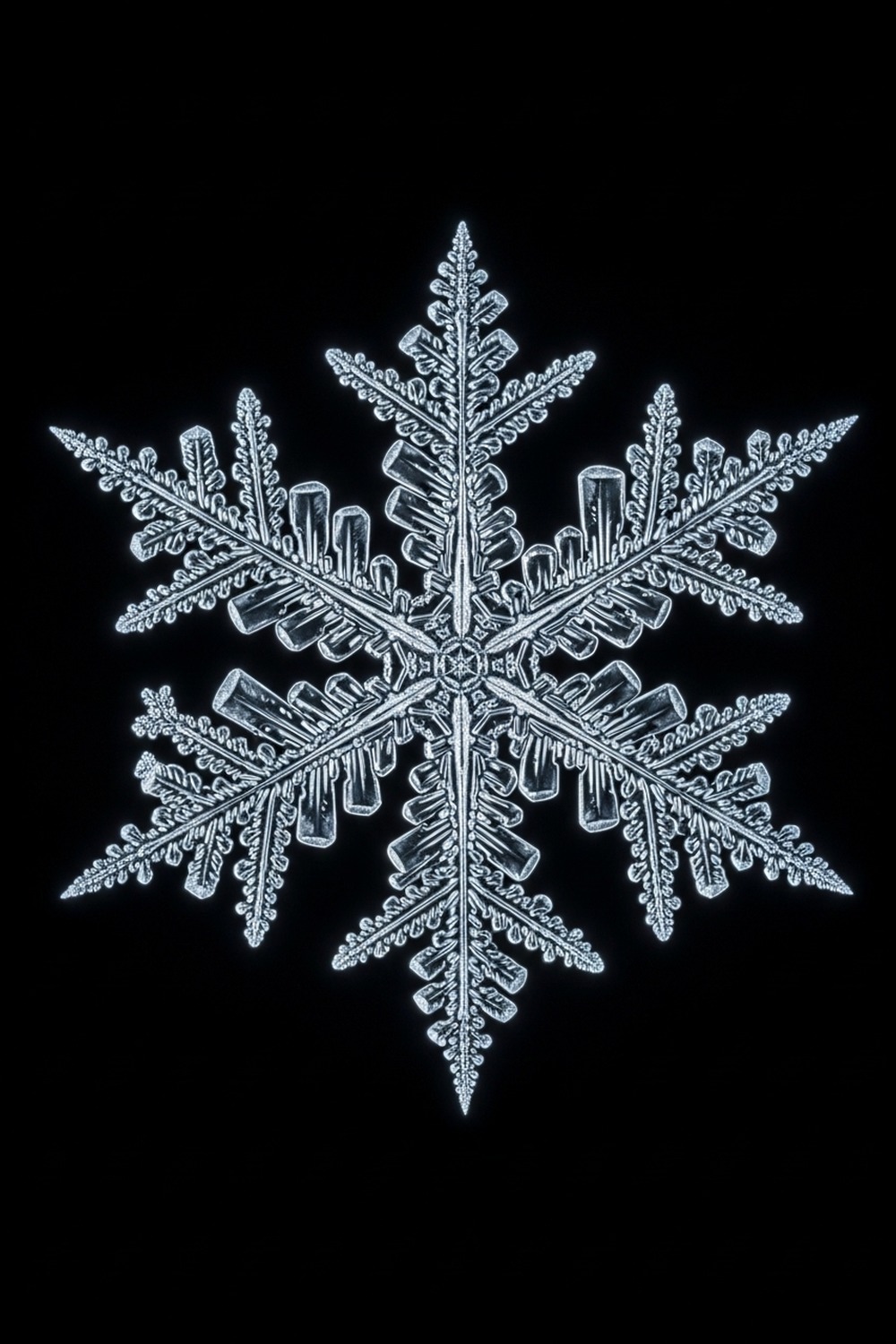 Extreme macro close-up of a perfect six-armed snowflake crystal on dark background