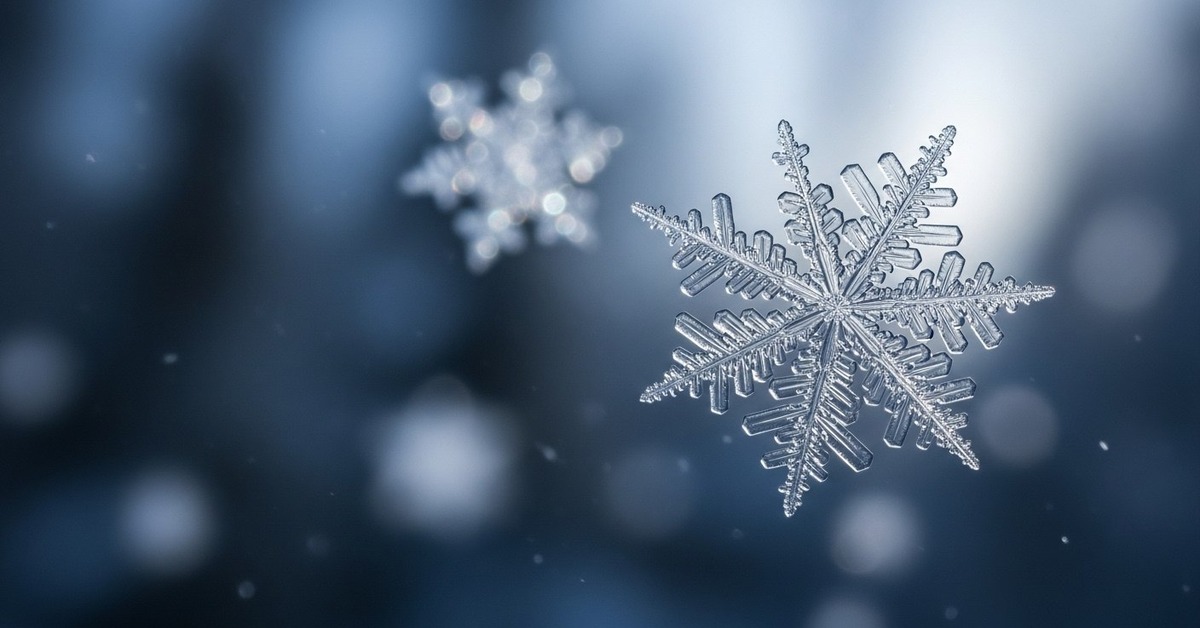 Single snowflake drifting through cold winter storm air amid swirling snow