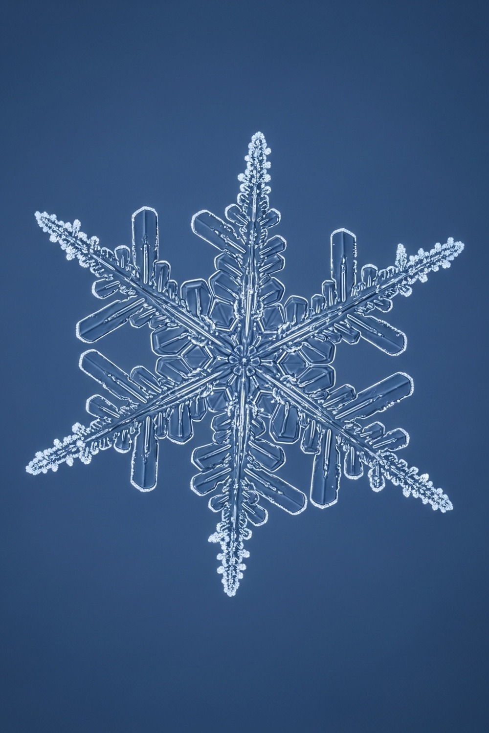 Extreme macro close-up of a single six-armed snowflake crystal against deep blue sky