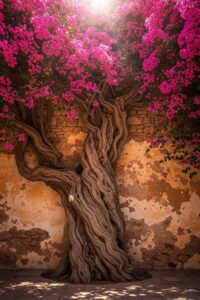 Ancient bougainvillea with thick gnarled trunk sprawling across a sunlit Mediterranean stone wall