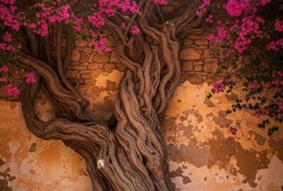 Ancient bougainvillea with thick gnarled trunk sprawling across a sunlit Mediterranean stone wall