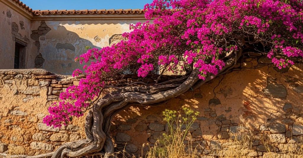 Close-up of vivid magenta bougainvillea bracts cascading over a crumbling terracotta facade