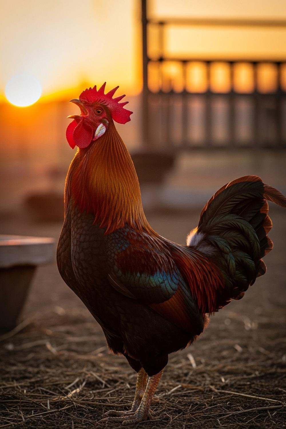 Close-up of a rooster mid-crow at golden sunrise, feathers ruffled dramatically