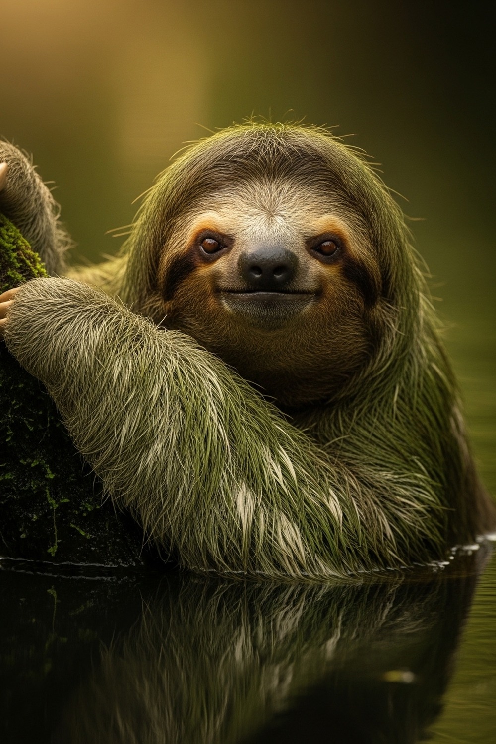 A three-toed sloth clinging to a branch drifting calmly on floodwater in the Amazon rainforest