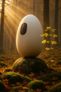 A futuristic white egg-shaped burial pod beside a young maple sapling in golden autumn forest