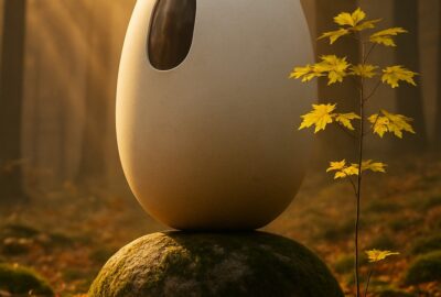 A futuristic white egg-shaped burial pod beside a young maple sapling in golden autumn forest