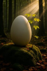 Glowing white egg-shaped burial pod beside a young maple sapling in cathedral forest