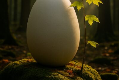 Glowing white egg-shaped burial pod beside a young maple sapling in cathedral forest