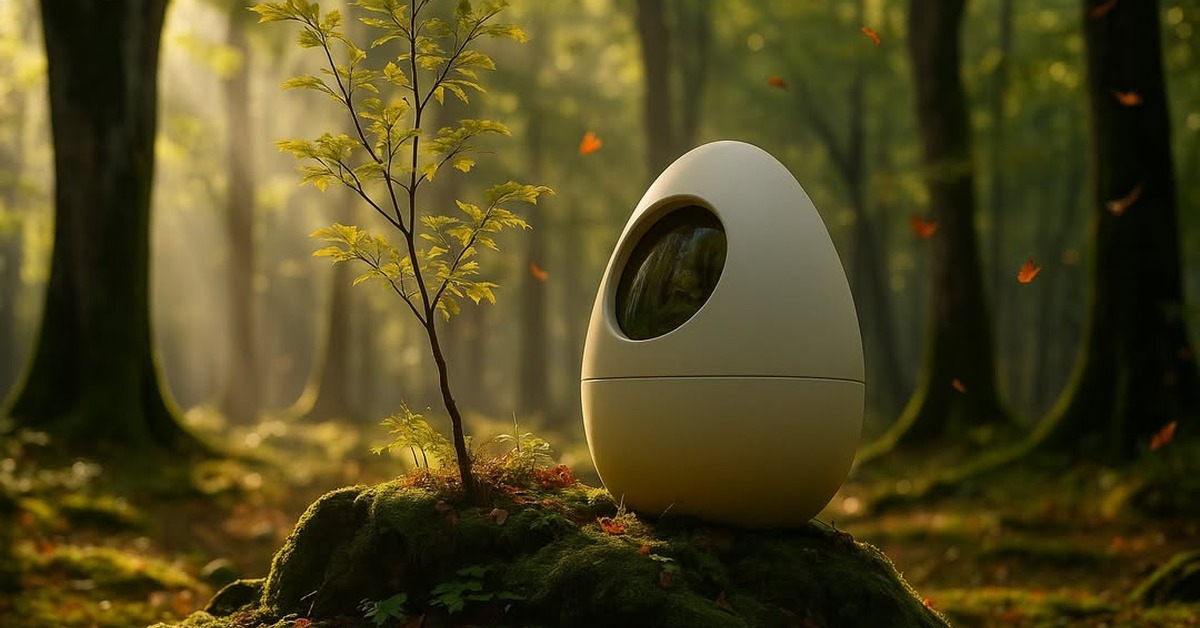 Oval porthole window on white burial capsule reflecting green forest canopy light