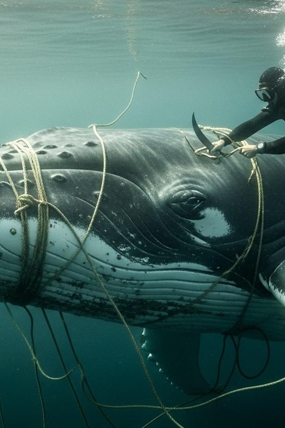 A massive humpback whale surfacing near divers in the open Pacific Ocean off California