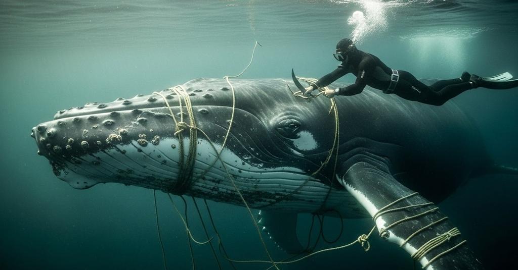 Rescue divers cutting tangled fishing rope from a humpback whale underwater