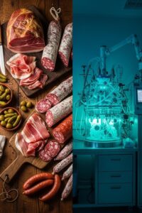 Close-up of traditional cured meats beside a futuristic bioreactor lab setting