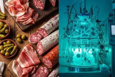 Close-up of traditional cured meats beside a futuristic bioreactor lab setting