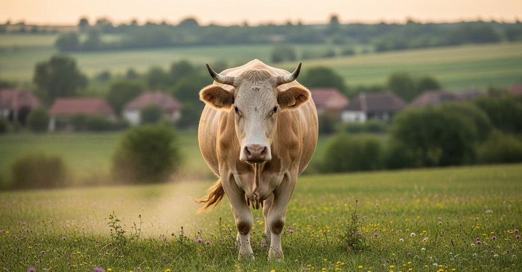 Hungarian grey cattle grazing at golden hour on a misty rural landscape