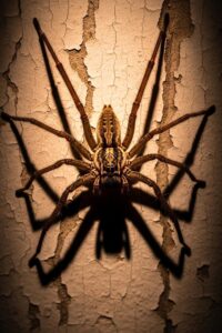 Giant huntsman spider poised on a kitchen wall at night, legs fully spread