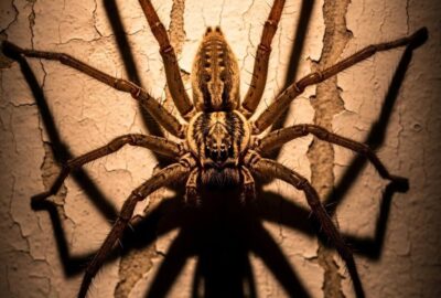 Giant huntsman spider poised on a kitchen wall at night, legs fully spread