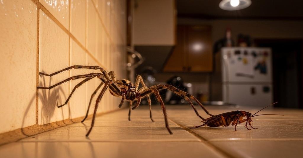 Close-up of huntsman spider hunting a cockroach on a tiled floor