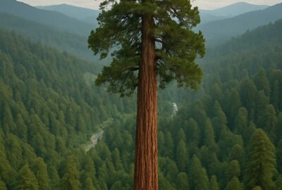Aerial drone view of a massive ancient coast redwood towering above a dense emerald forest canopy